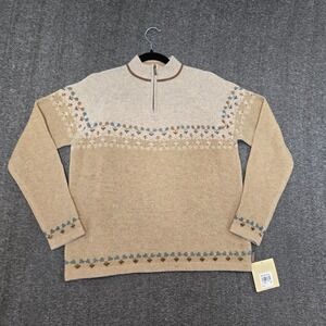 Woolrich Women 1/4 Zip Sweater Heart Plant 100% Lamds Wool Sz Large Beige